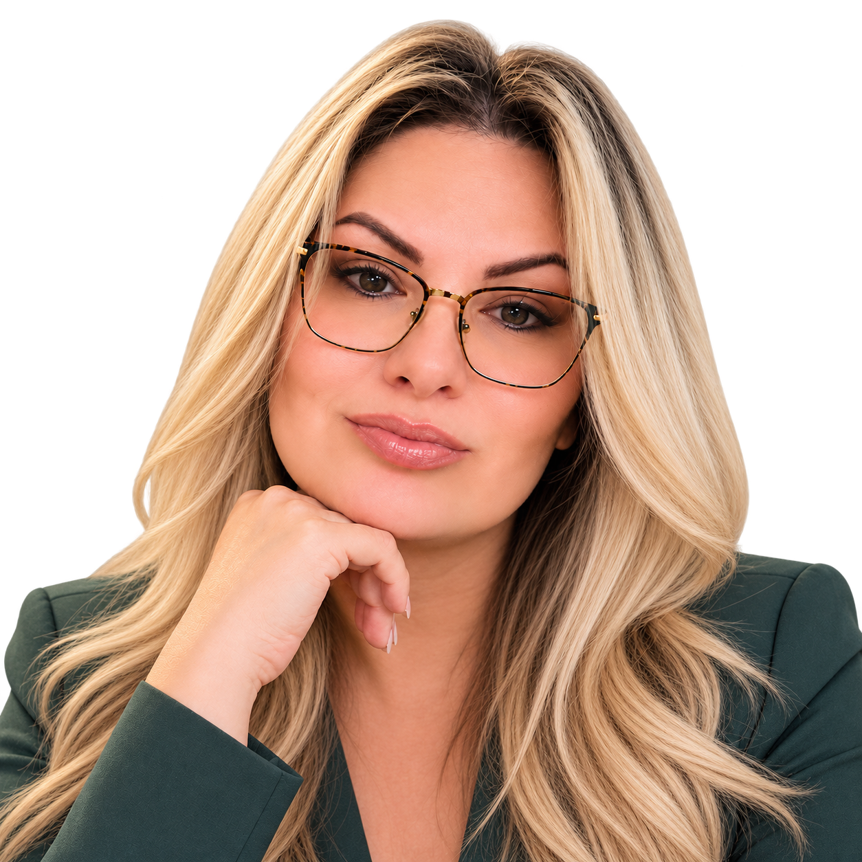 Arístida La Mística con gafas y blazer verde, sobre un fondo de naturaleza difuminado